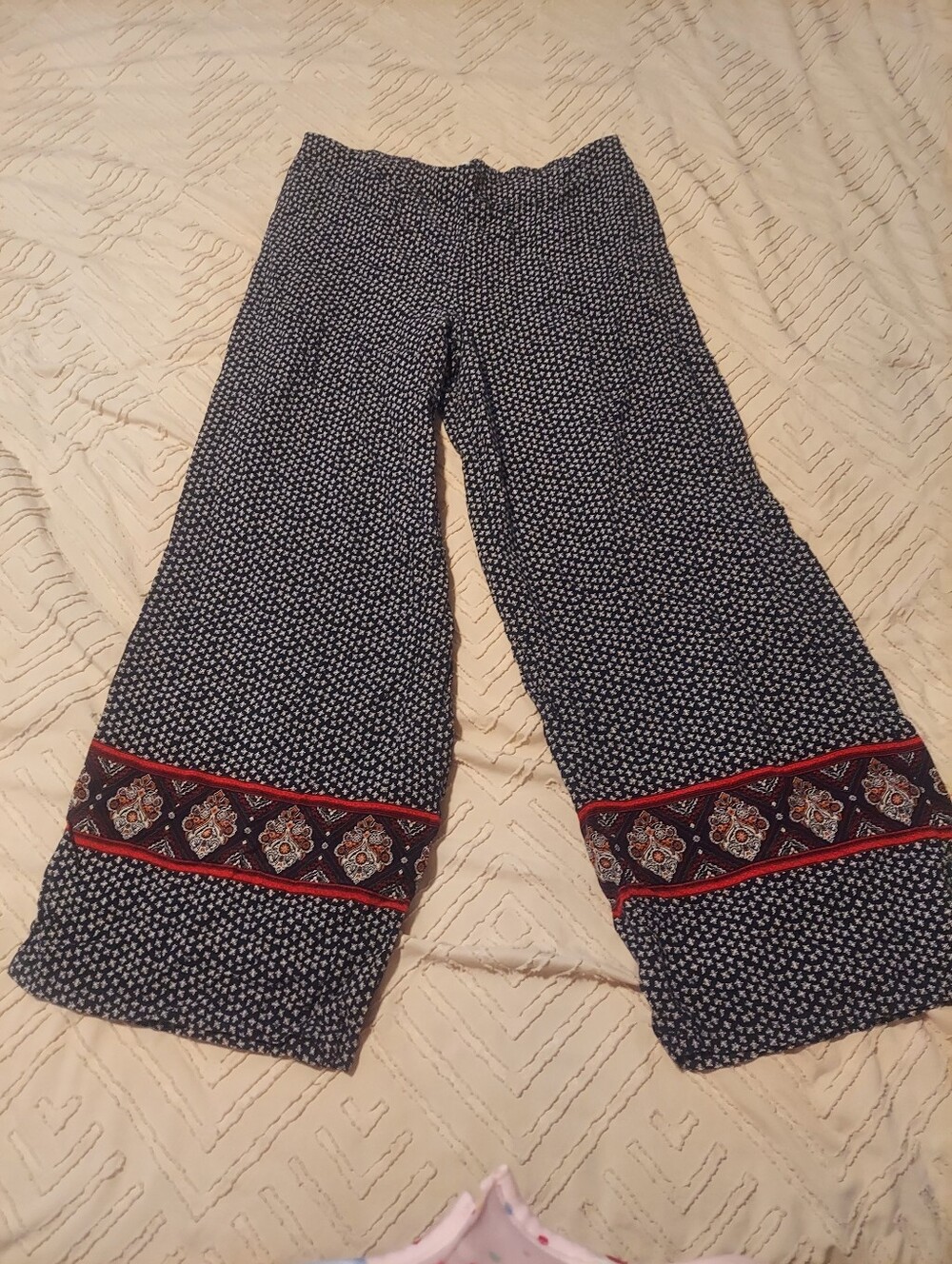 Maurices Navy Floral Border Print Wide Leg Palazzo Pants XL Elastic Waist Rayon